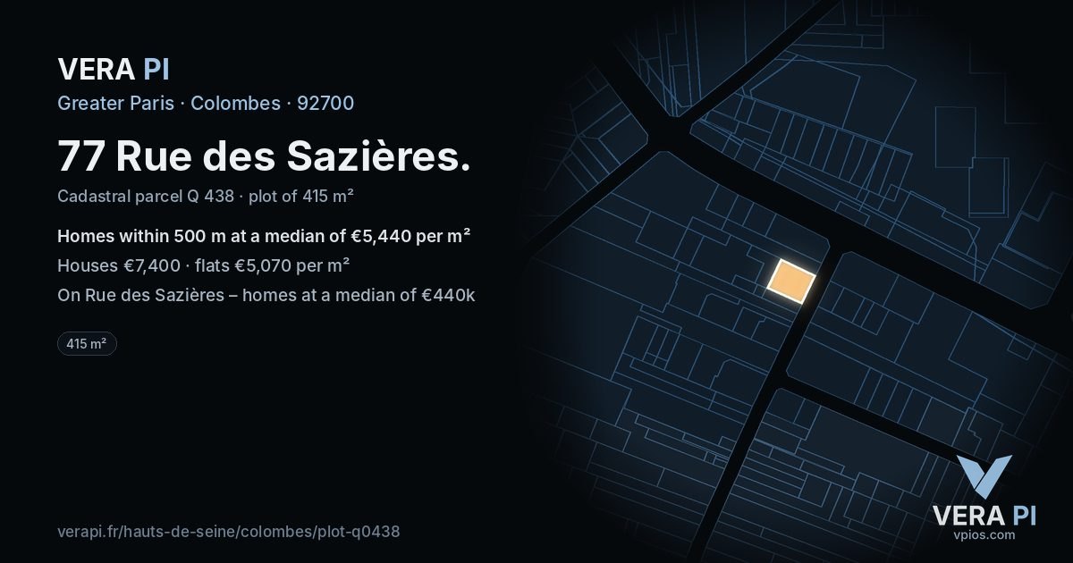 77 Rue des Sazières, Colombes at night – the plot lit, the parcels around coloured by the prices near them