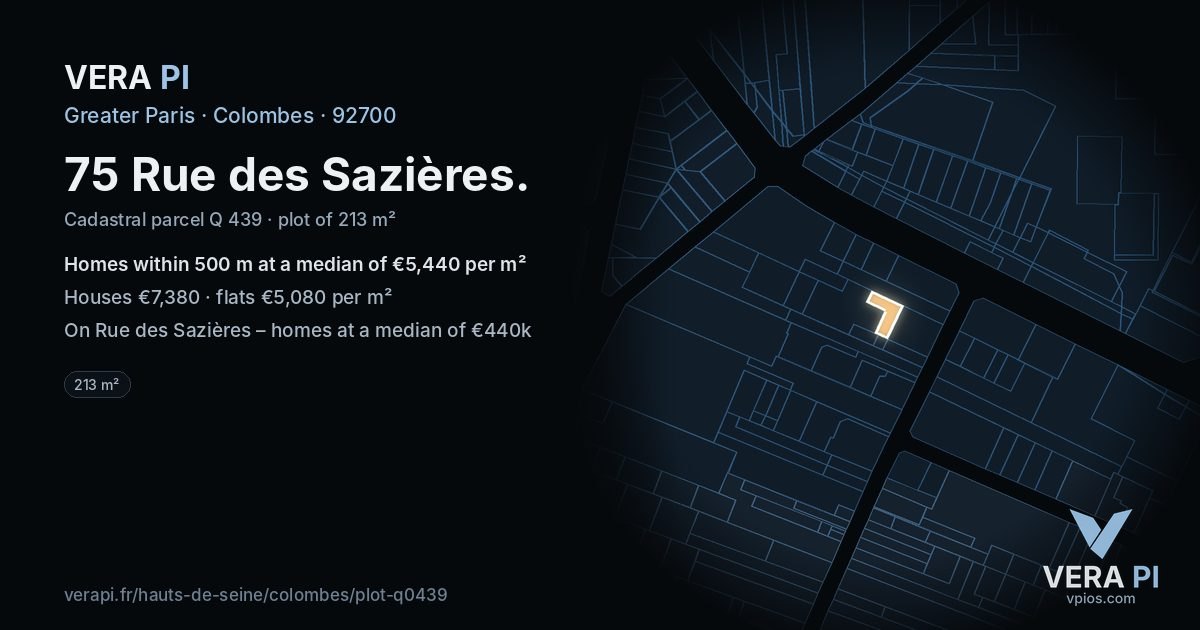 75 Rue des Sazières, Colombes at night – the plot lit, the parcels around coloured by the prices near them