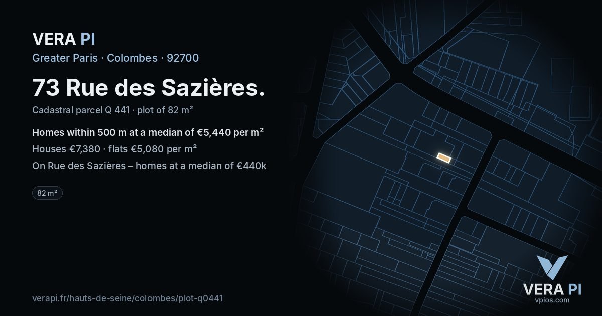 73 Rue des Sazières, Colombes at night – the plot lit, the parcels around coloured by the prices near them