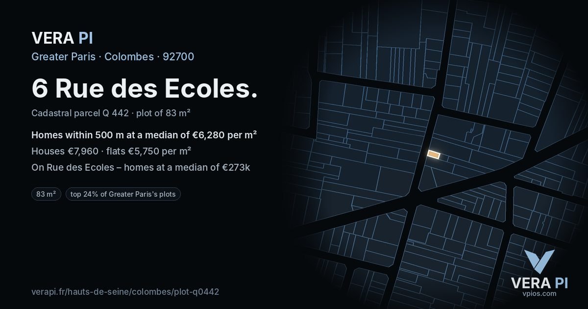 6 Rue des Ecoles, Colombes at night – the plot lit, the parcels around coloured by the prices near them