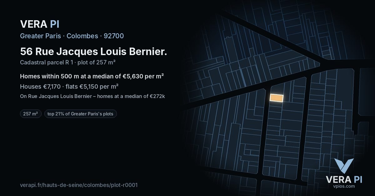 56 Rue Jacques Louis Bernier, Colombes at night – the plot lit, the parcels around coloured by the prices near them