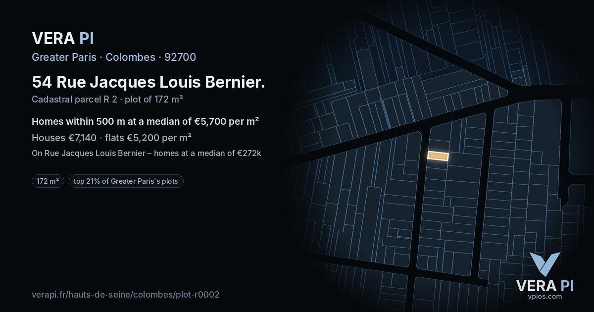 54 Rue Jacques Louis Bernier, Colombes at night – the plot lit, the parcels around coloured by the prices near them