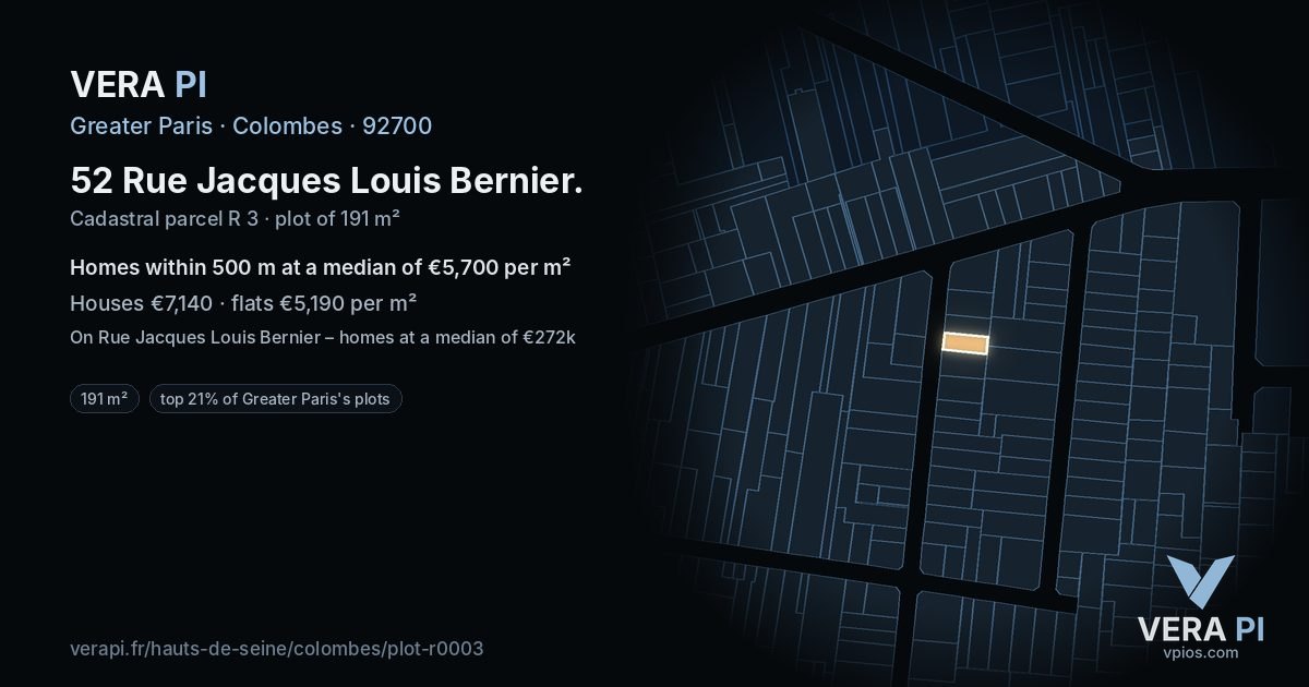 52 Rue Jacques Louis Bernier, Colombes at night – the plot lit, the parcels around coloured by the prices near them