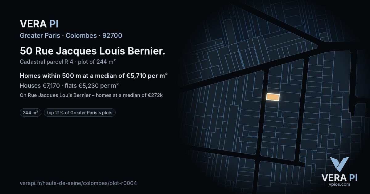 50 Rue Jacques Louis Bernier, Colombes at night – the plot lit, the parcels around coloured by the prices near them