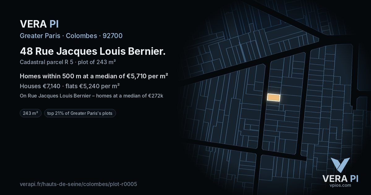 48 Rue Jacques Louis Bernier, Colombes at night – the plot lit, the parcels around coloured by the prices near them