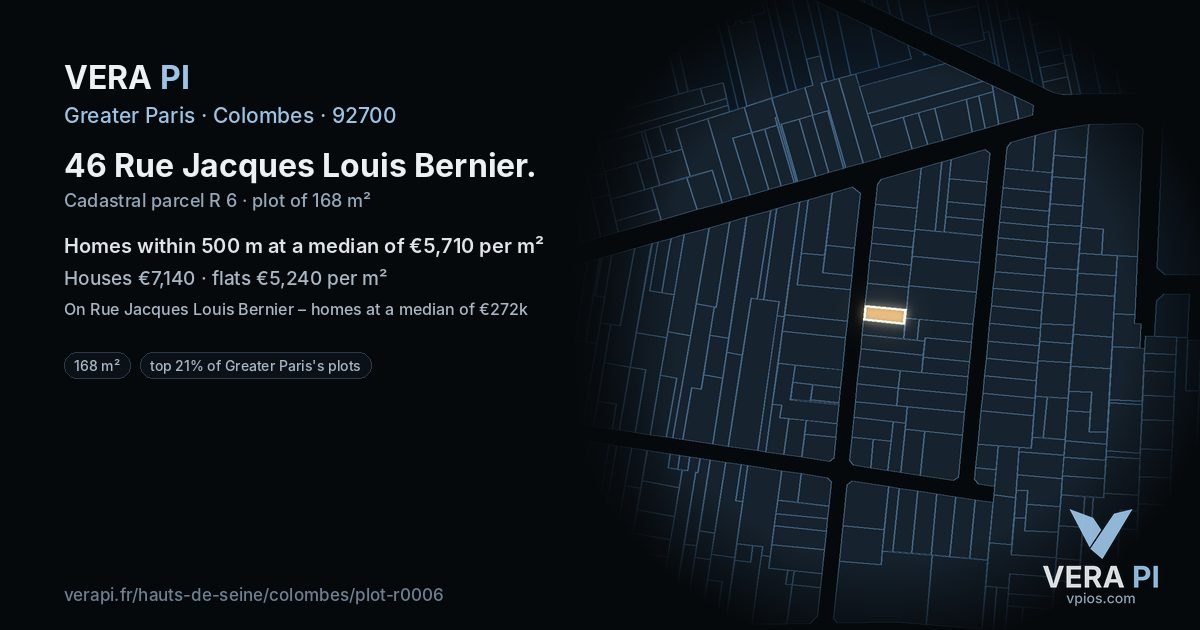 46 Rue Jacques Louis Bernier, Colombes at night – the plot lit, the parcels around coloured by the prices near them