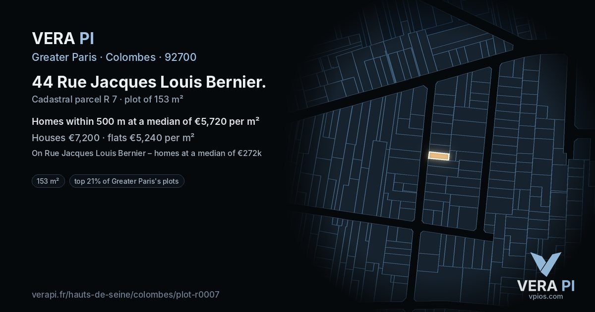 44 Rue Jacques Louis Bernier, Colombes at night – the plot lit, the parcels around coloured by the prices near them
