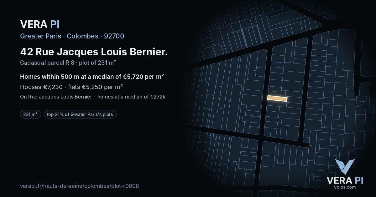 42 Rue Jacques Louis Bernier, Colombes at night – the plot lit, the parcels around coloured by the prices near them