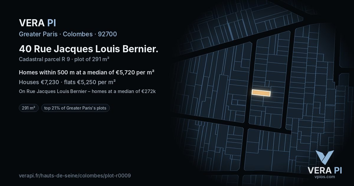 40 Rue Jacques Louis Bernier, Colombes at night – the plot lit, the parcels around coloured by the prices near them