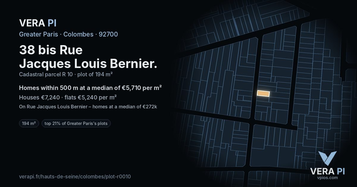 38 bis Rue Jacques Louis Bernier, Colombes at night – the plot lit, the parcels around coloured by the prices near them