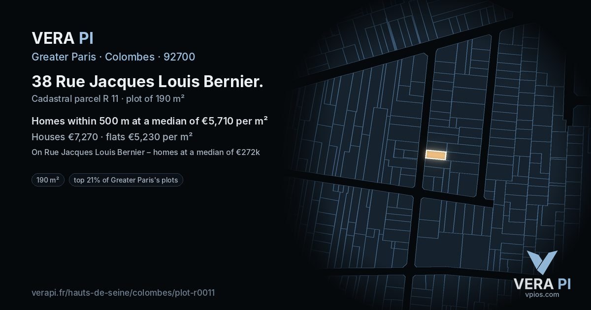 38 Rue Jacques Louis Bernier, Colombes at night – the plot lit, the parcels around coloured by the prices near them