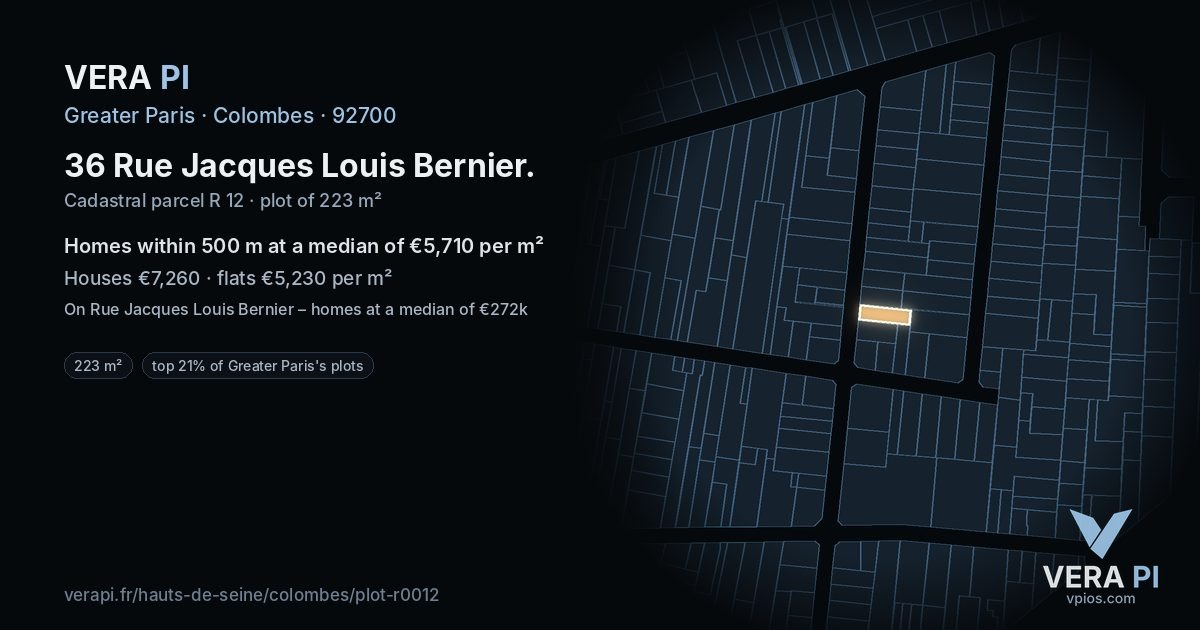 36 Rue Jacques Louis Bernier, Colombes at night – the plot lit, the parcels around coloured by the prices near them