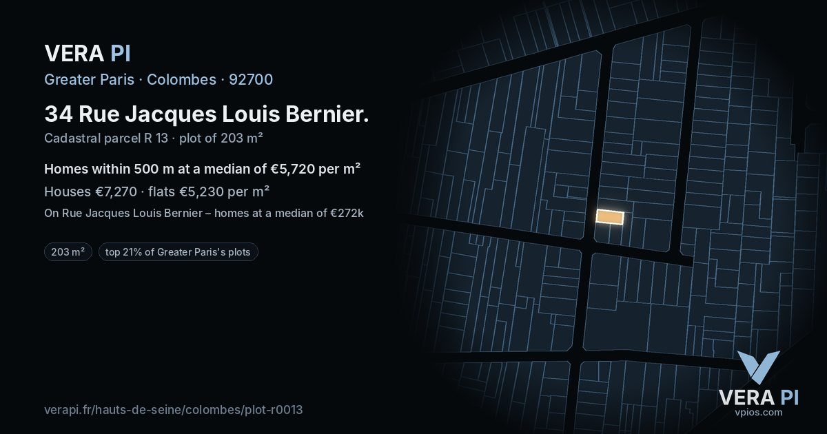 34 Rue Jacques Louis Bernier, Colombes at night – the plot lit, the parcels around coloured by the prices near them