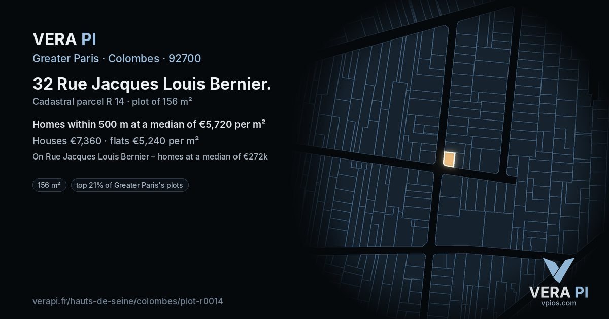 32 Rue Jacques Louis Bernier, Colombes at night – the plot lit, the parcels around coloured by the prices near them