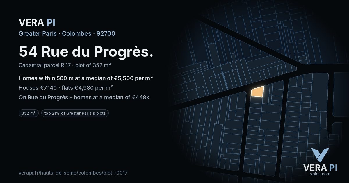 54 Rue du Progrès, Colombes at night – the plot lit, the parcels around coloured by the prices near them