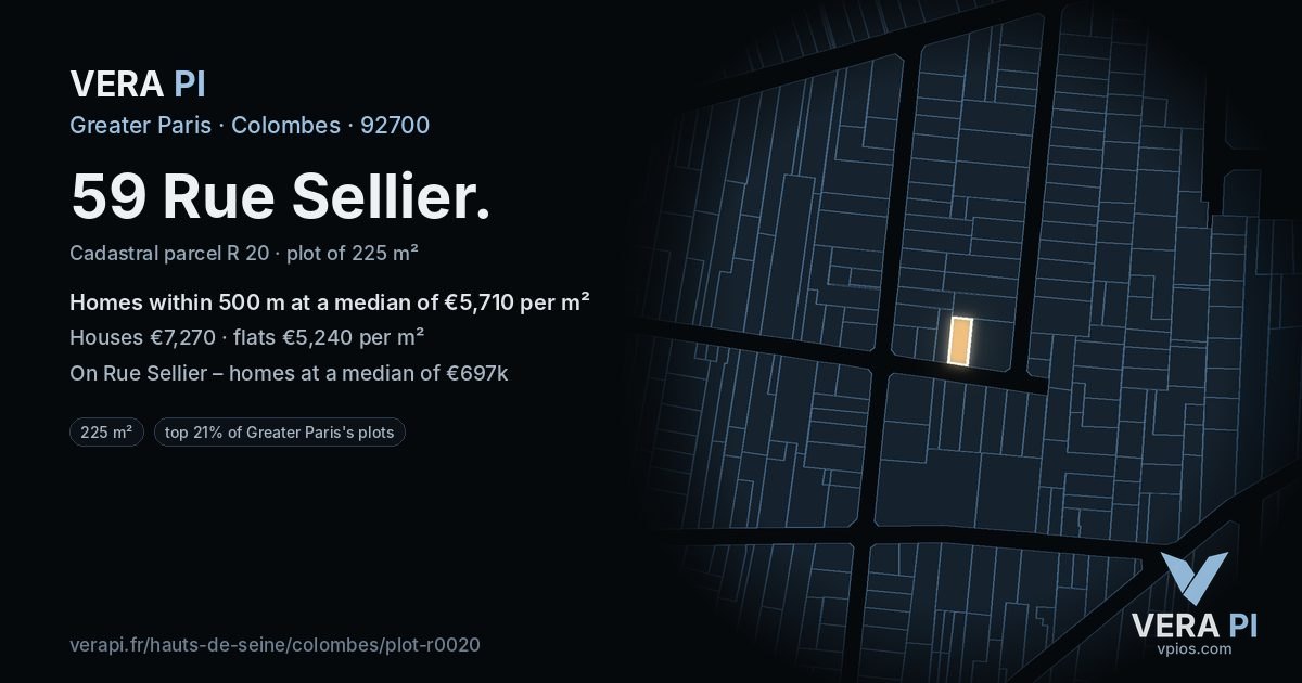 59 Rue Sellier, Colombes at night – the plot lit, the parcels around coloured by the prices near them