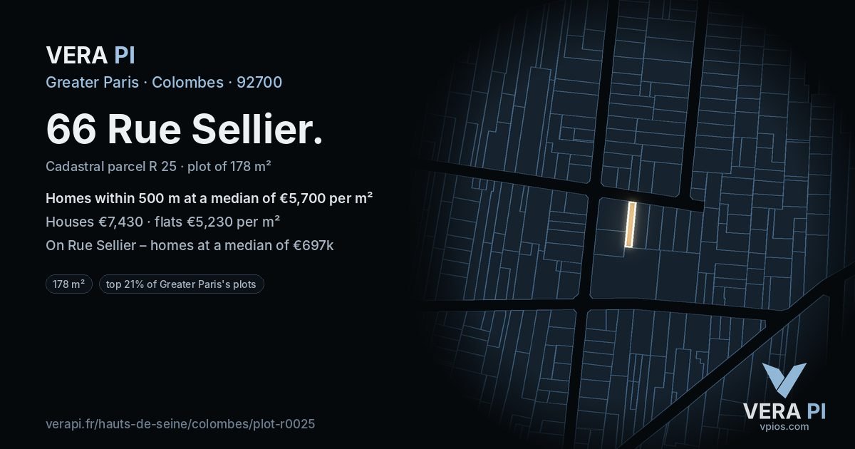 66 Rue Sellier, Colombes at night – the plot lit, the parcels around coloured by the prices near them