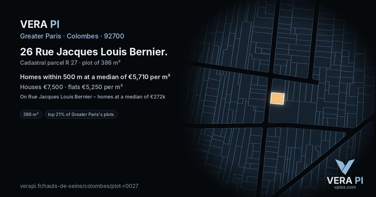 26 Rue Jacques Louis Bernier, Colombes at night – the plot lit, the parcels around coloured by the prices near them