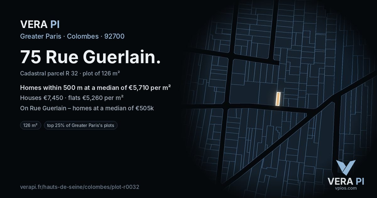 75 Rue Guerlain, Colombes at night – the plot lit, the parcels around coloured by the prices near them