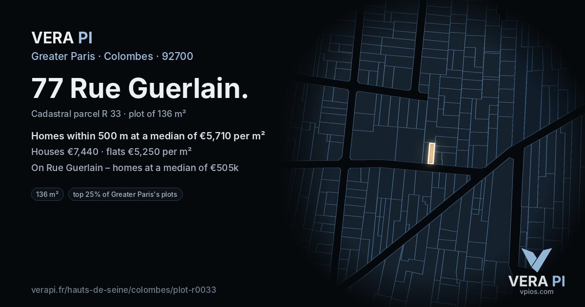 77 Rue Guerlain, Colombes at night – the plot lit, the parcels around coloured by the prices near them