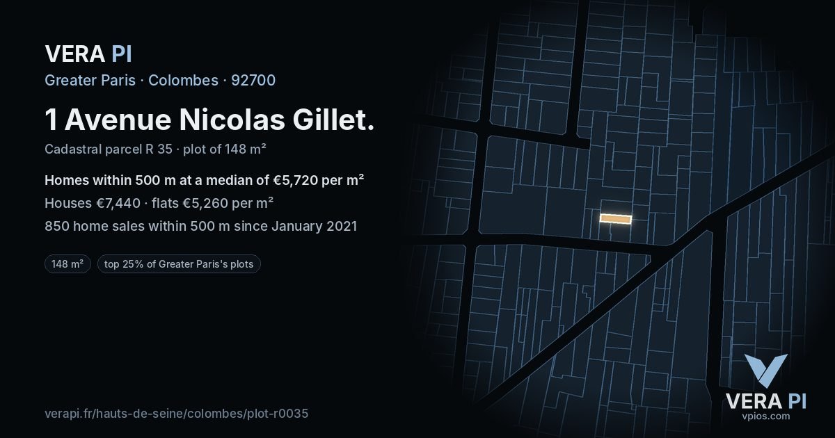 1 Avenue Nicolas Gillet, Colombes at night – the plot lit, the parcels around coloured by the prices near them