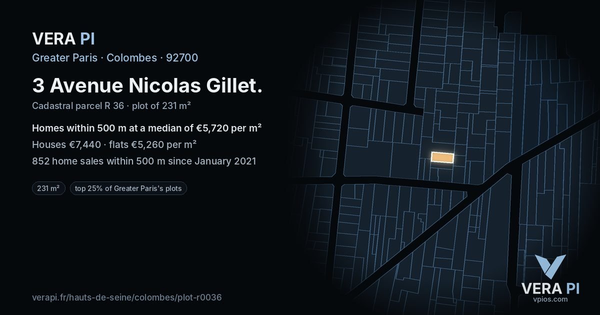 3 Avenue Nicolas Gillet, Colombes at night – the plot lit, the parcels around coloured by the prices near them