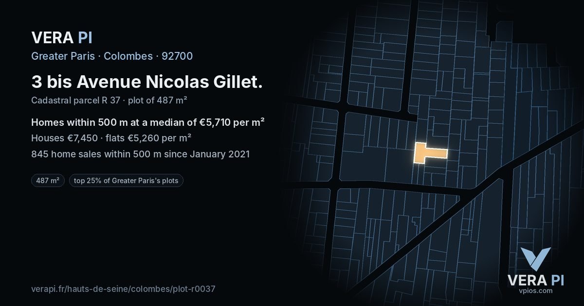 3 bis Avenue Nicolas Gillet, Colombes at night – the plot lit, the parcels around coloured by the prices near them