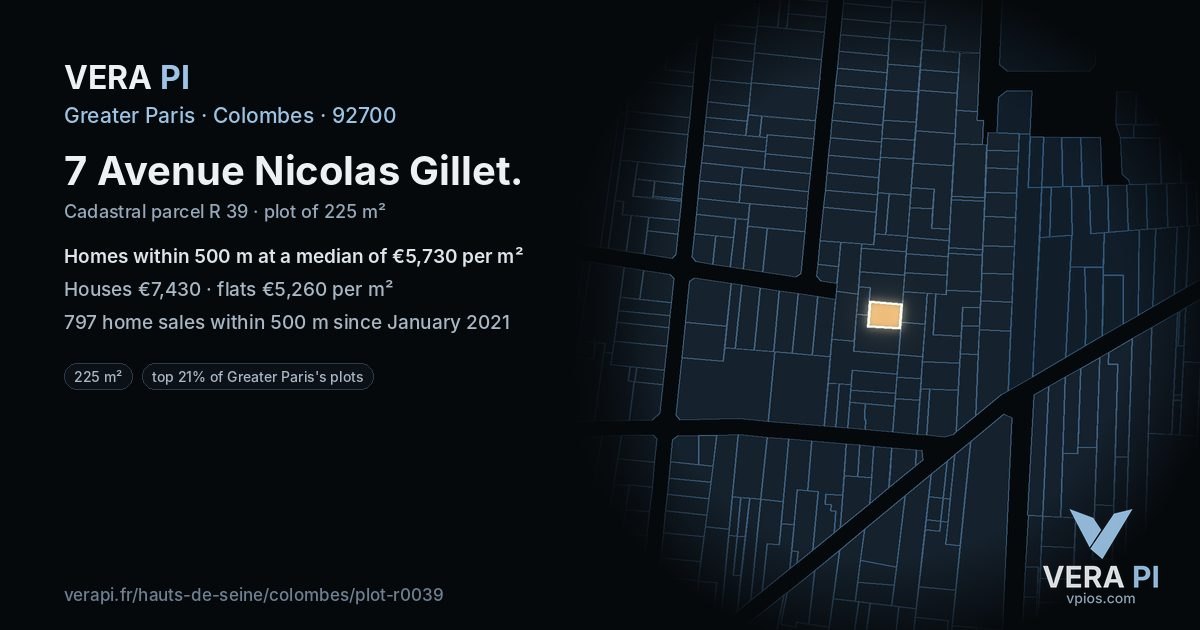 7 Avenue Nicolas Gillet, Colombes at night – the plot lit, the parcels around coloured by the prices near them