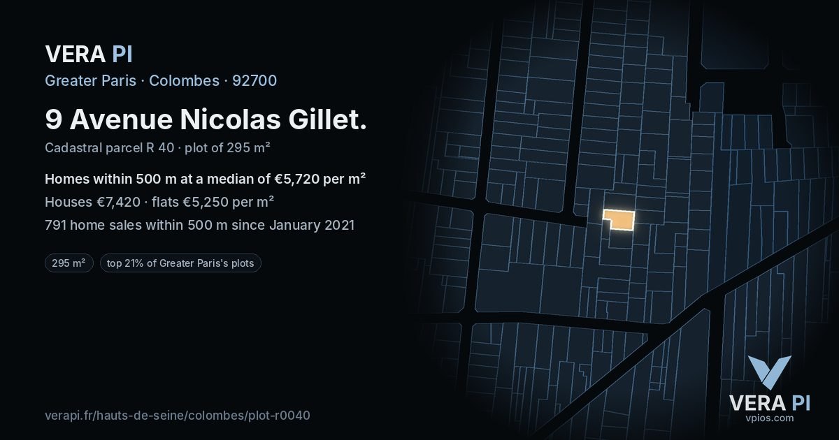 9 Avenue Nicolas Gillet, Colombes at night – the plot lit, the parcels around coloured by the prices near them