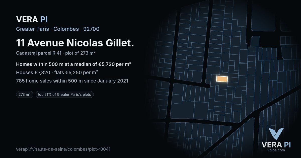 11 Avenue Nicolas Gillet, Colombes at night – the plot lit, the parcels around coloured by the prices near them