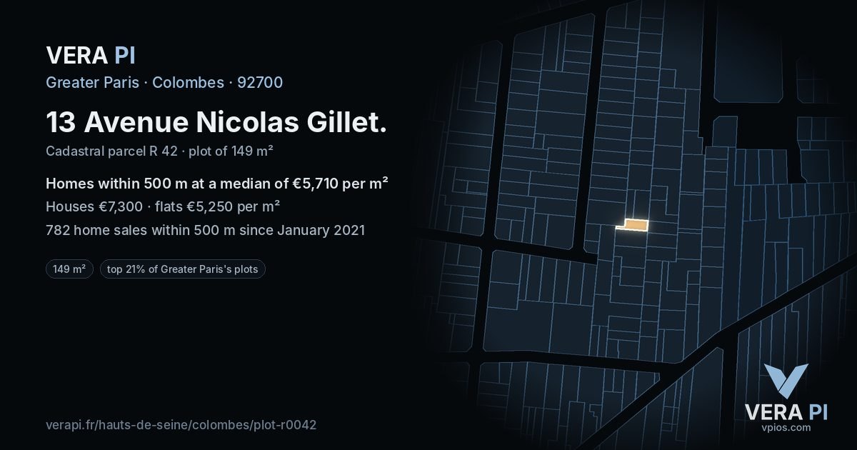 13 Avenue Nicolas Gillet, Colombes at night – the plot lit, the parcels around coloured by the prices near them