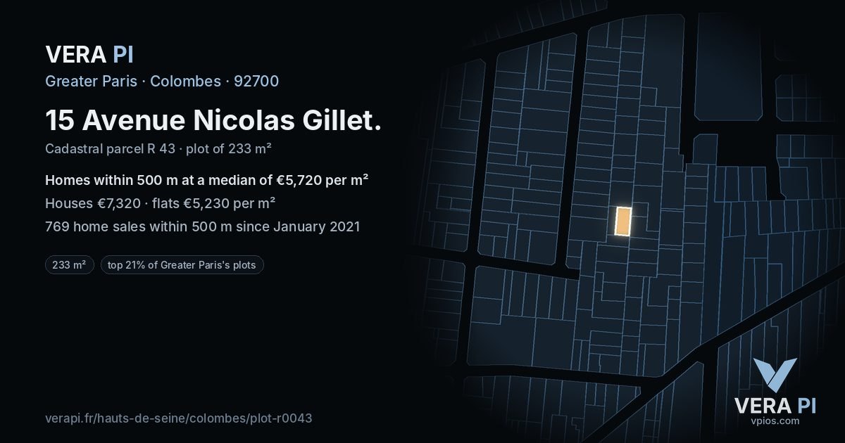 15 Avenue Nicolas Gillet, Colombes at night – the plot lit, the parcels around coloured by the prices near them