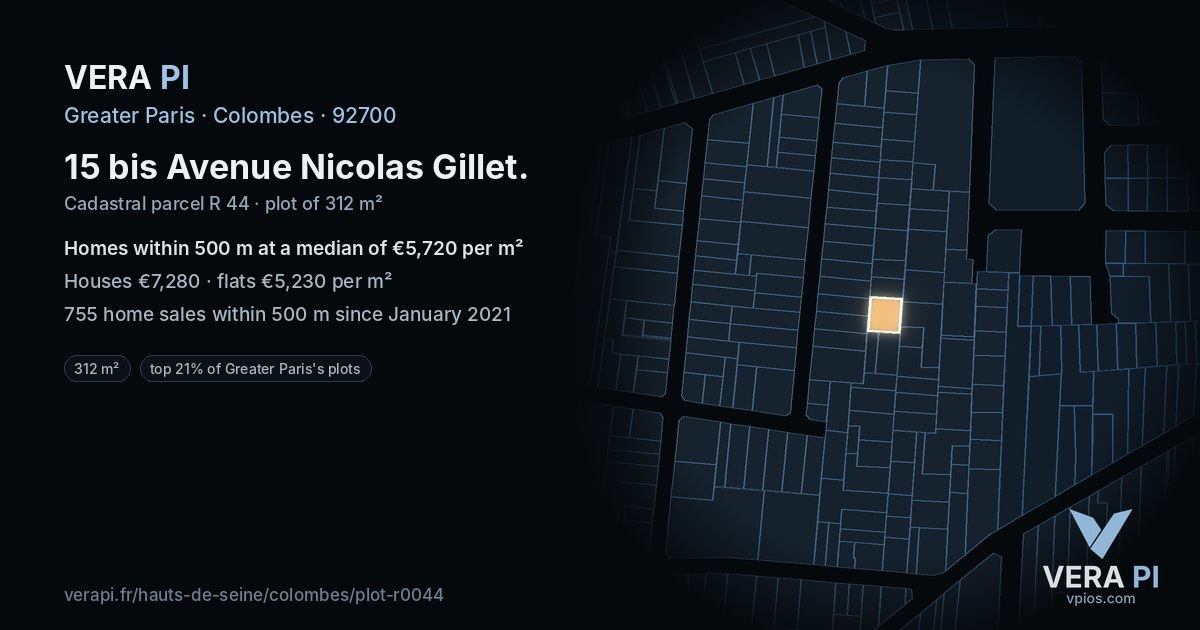15 bis Avenue Nicolas Gillet, Colombes at night – the plot lit, the parcels around coloured by the prices near them