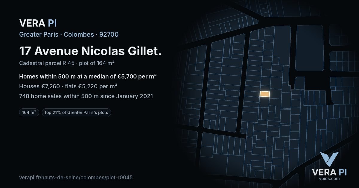 17 Avenue Nicolas Gillet, Colombes at night – the plot lit, the parcels around coloured by the prices near them