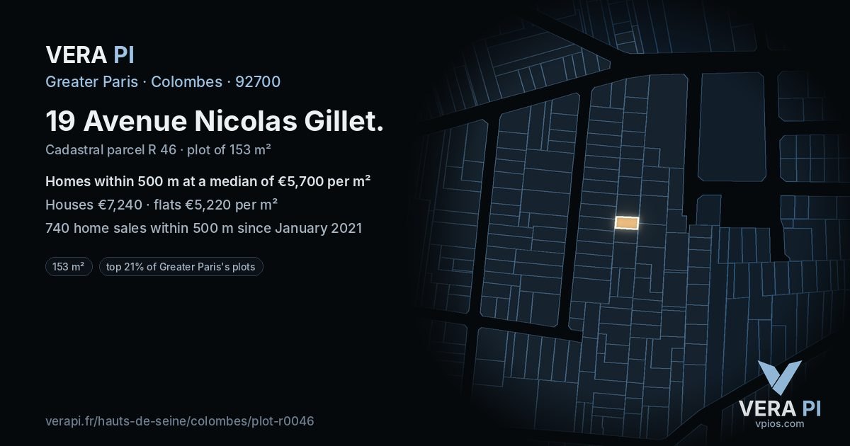 19 Avenue Nicolas Gillet, Colombes at night – the plot lit, the parcels around coloured by the prices near them