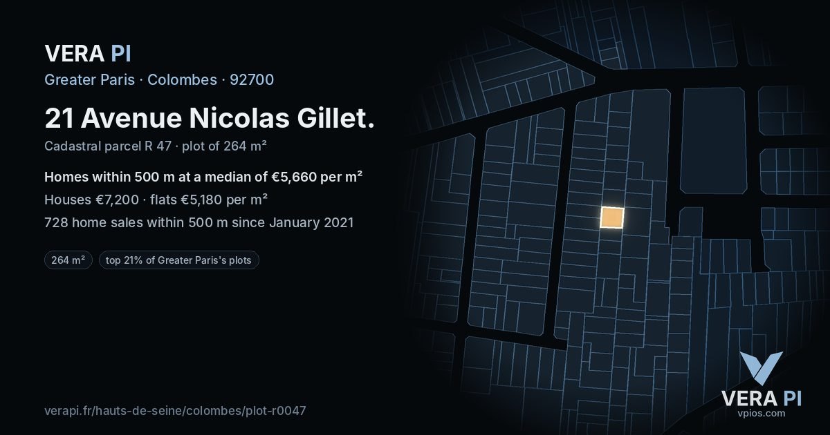 21 Avenue Nicolas Gillet, Colombes at night – the plot lit, the parcels around coloured by the prices near them