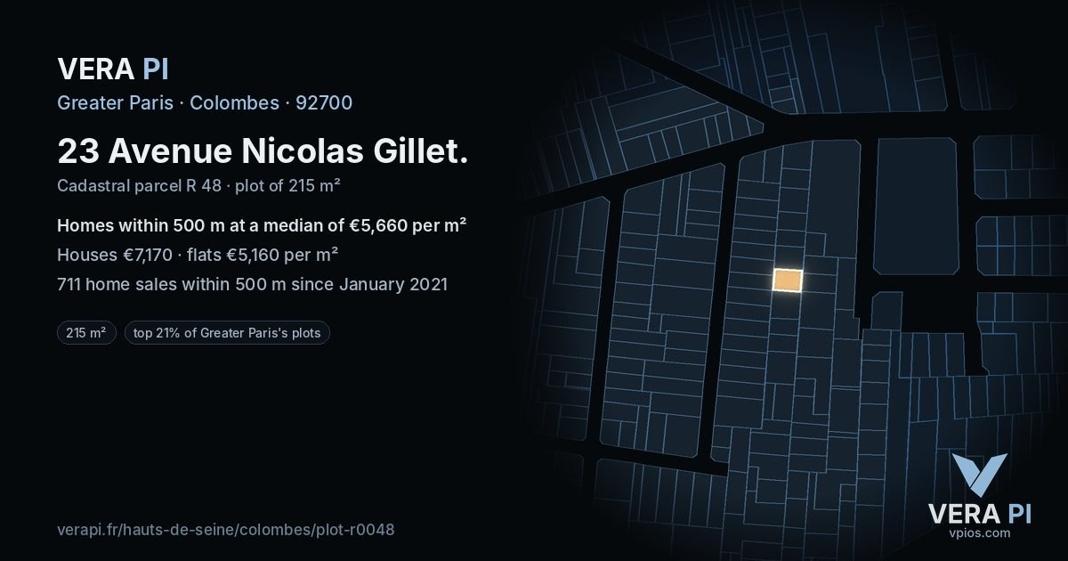 23 Avenue Nicolas Gillet, Colombes at night – the plot lit, the parcels around coloured by the prices near them