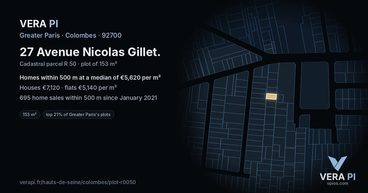 27 Avenue Nicolas Gillet, Colombes at night – the plot lit, the parcels around coloured by the prices near them