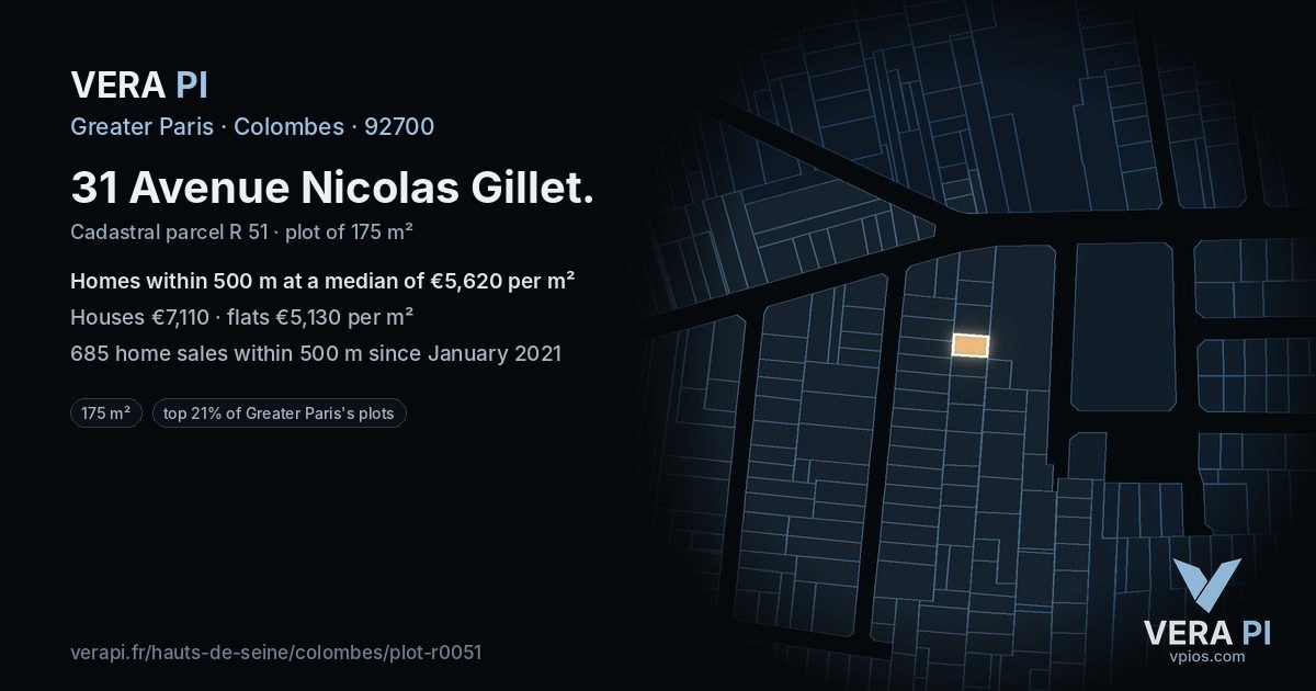 31 Avenue Nicolas Gillet, Colombes at night – the plot lit, the parcels around coloured by the prices near them