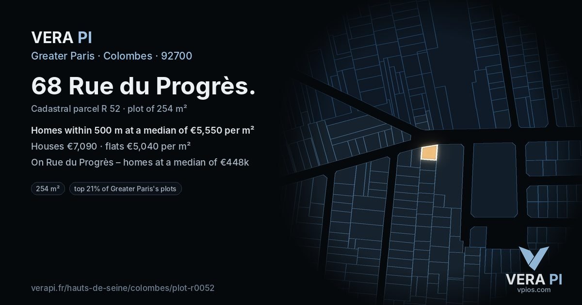 68 Rue du Progrès, Colombes at night – the plot lit, the parcels around coloured by the prices near them