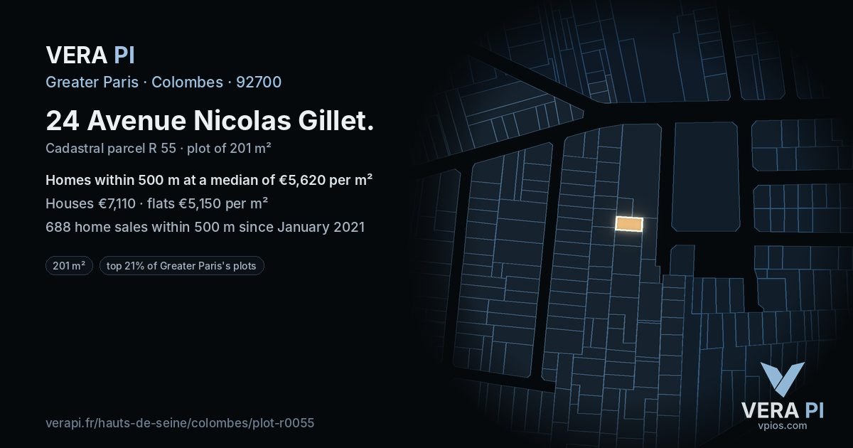 24 Avenue Nicolas Gillet, Colombes at night – the plot lit, the parcels around coloured by the prices near them