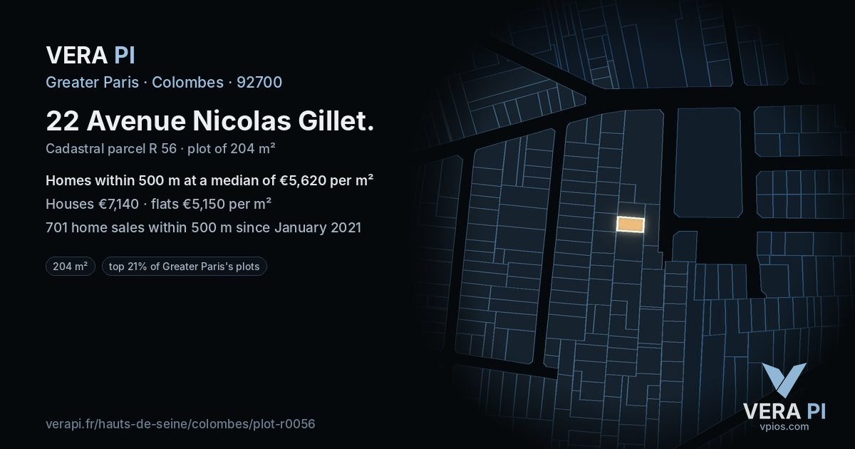 22 Avenue Nicolas Gillet, Colombes at night – the plot lit, the parcels around coloured by the prices near them
