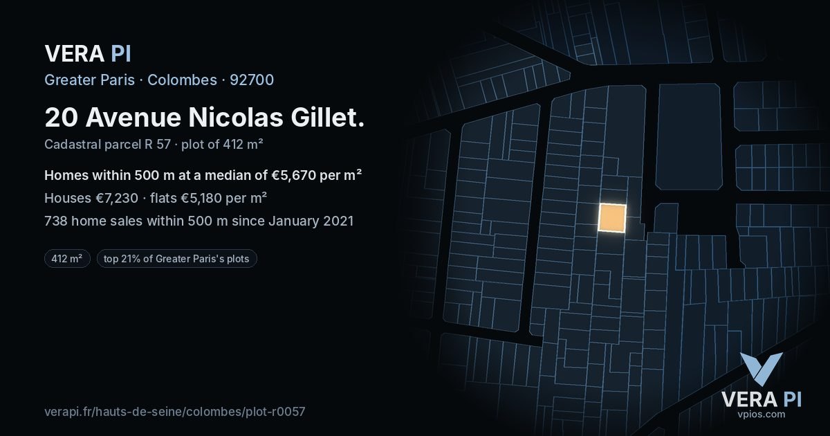 20 Avenue Nicolas Gillet, Colombes at night – the plot lit, the parcels around coloured by the prices near them