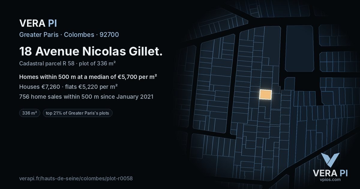 18 Avenue Nicolas Gillet, Colombes at night – the plot lit, the parcels around coloured by the prices near them