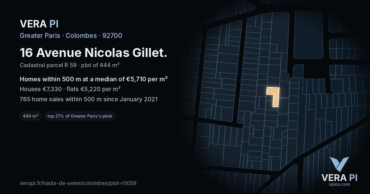 16 Avenue Nicolas Gillet, Colombes at night – the plot lit, the parcels around coloured by the prices near them