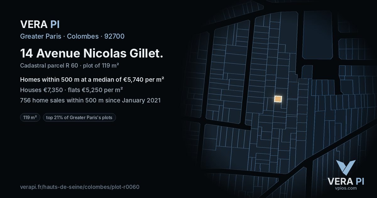 14 Avenue Nicolas Gillet, Colombes at night – the plot lit, the parcels around coloured by the prices near them