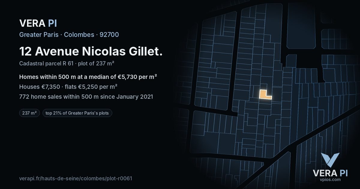 12 Avenue Nicolas Gillet, Colombes at night – the plot lit, the parcels around coloured by the prices near them
