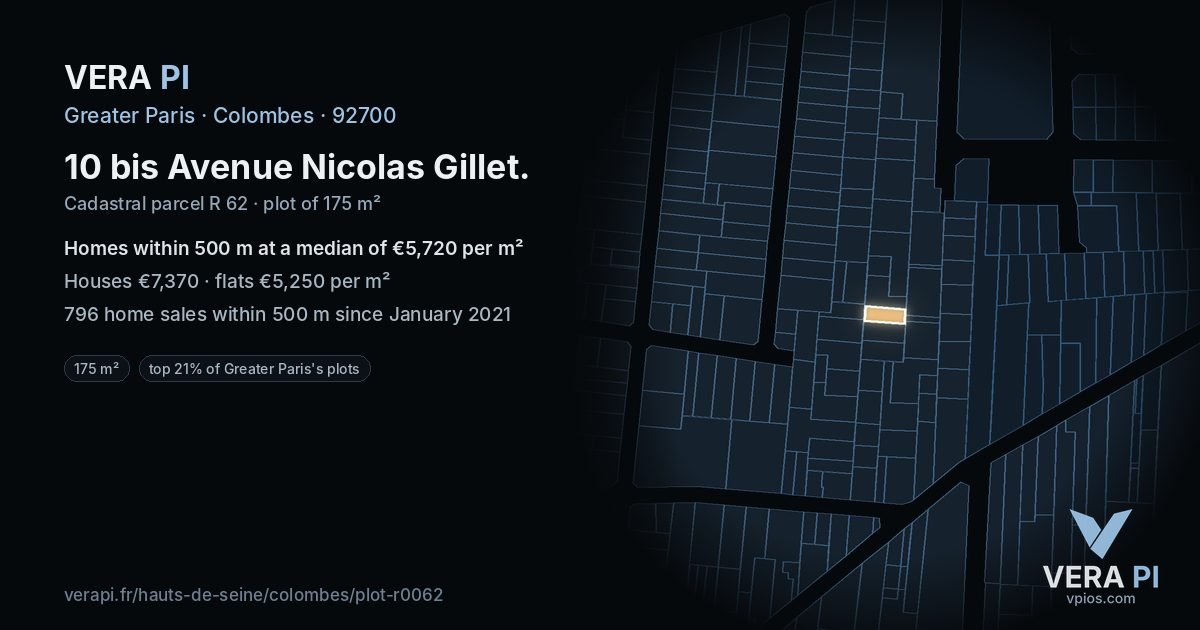 10 bis Avenue Nicolas Gillet, Colombes at night – the plot lit, the parcels around coloured by the prices near them
