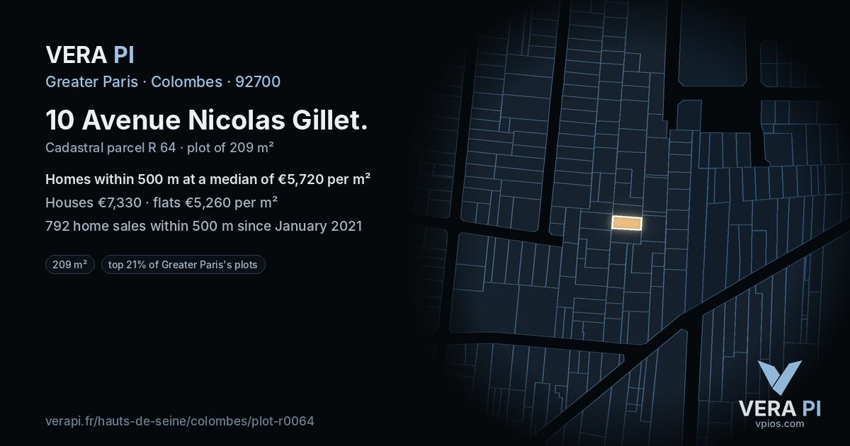 10 Avenue Nicolas Gillet, Colombes at night – the plot lit, the parcels around coloured by the prices near them