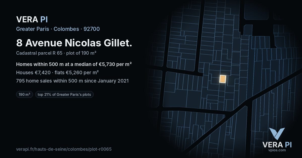 8 Avenue Nicolas Gillet, Colombes at night – the plot lit, the parcels around coloured by the prices near them
